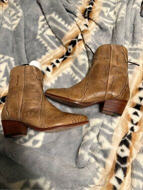 Free People Tan Embroidered Western Ankle Boots